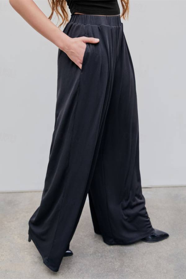 Elastic waistband pants with wide legs