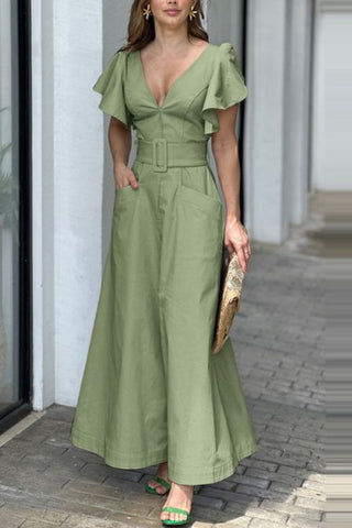 Solid color lotus leaf sleeve long skirt with temperament for commuting and waist cinching maxi dress