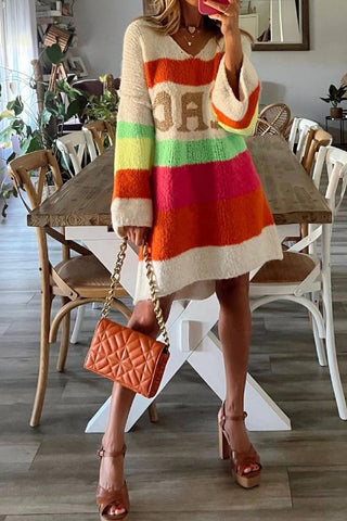 Rainbow striped V-neck loose knit sweater