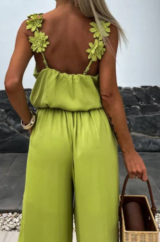 Solid Color Embroidered Flower Suspenders Casual Loose Jumpsuit