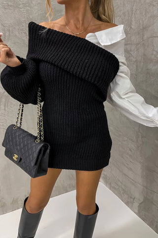 Knitted stitching fake two-piece slanted shoulder dress