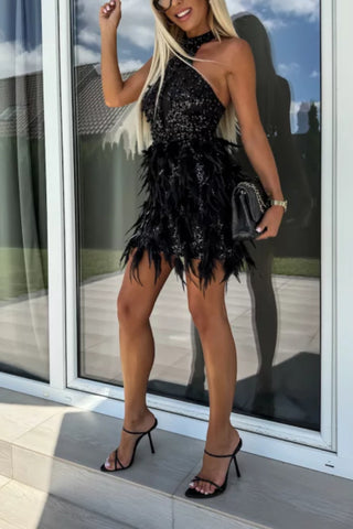 Sleeveless sequin feather patchwork mini dress