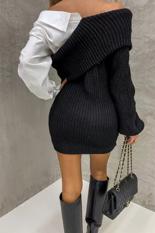 Knitted stitching fake two-piece slanted shoulder dress