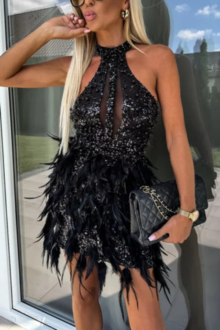 Sleeveless sequin feather patchwork mini dress