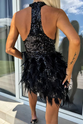 Sleeveless sequin feather patchwork mini dress