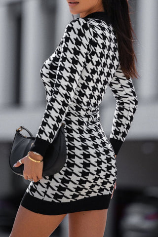 Sexy long sleeve houndstooth print mini dress