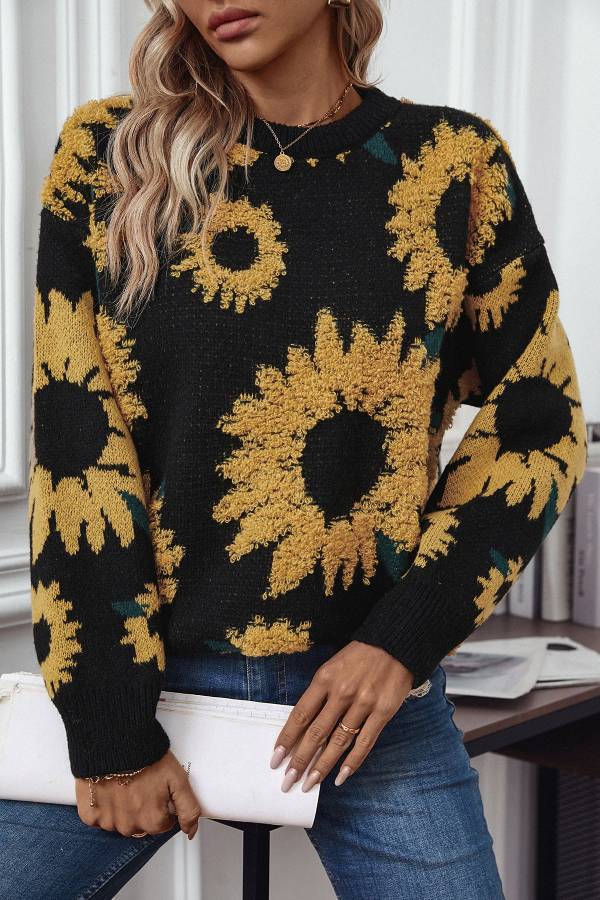 Sunflower towel embroidered round neck long sleeved knitted pullover sweater