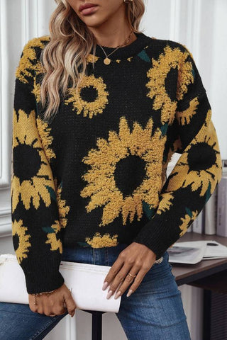 Sunflower towel embroidered round neck long sleeved knitted pullover sweater