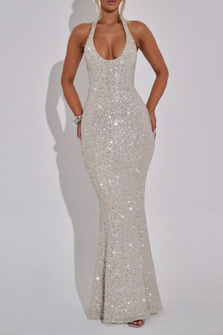 Halter Neck Sequined Fishtail Maxi Dress