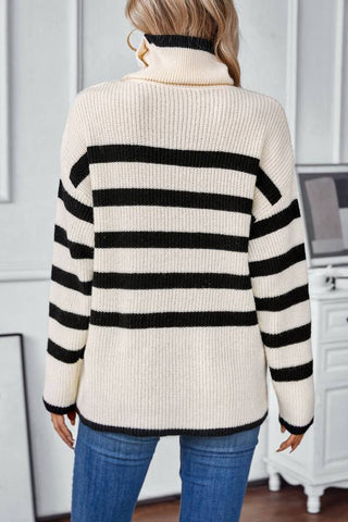 Striped Asymmetric Lapel Sweater with Buttons Long Sleeve Knitted