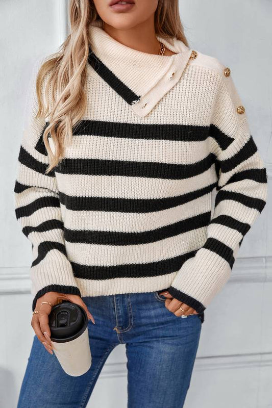 Striped Asymmetric Lapel Sweater with Buttons Long Sleeve Knitted