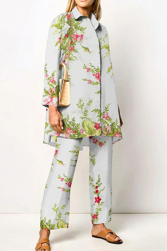 Flower Printed Elegant Shirt Two-Piece Set