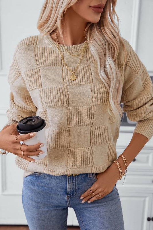 Parchment Plaid Crew Neck Knit Sweater