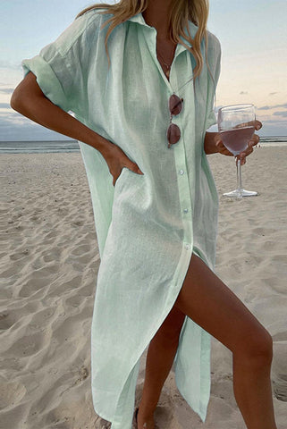 Solid color casual long sleeved mid length cotton and linen shirt dress