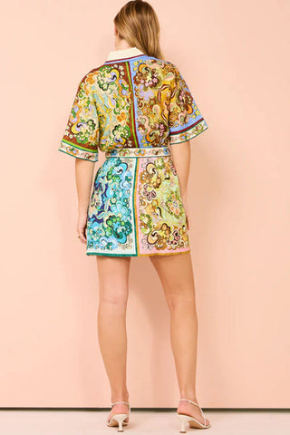 Linen Blend Unique Printed Shirt Style Tie-waist Mini Dress