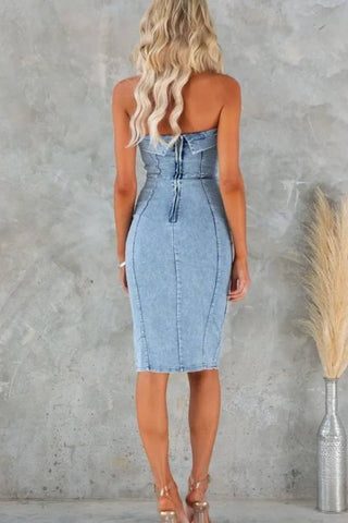 Wrap chest sexy spicy girl patchwork slim denim midi dress