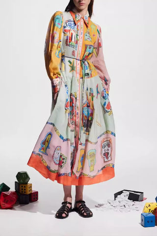 Single-breasted lantern sleeve printed tie waist midi dress