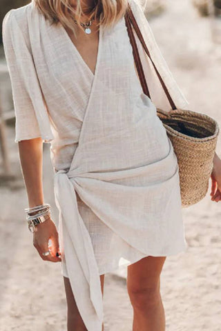 Cotton Linen Blend Knotted Wrap Mini Dress