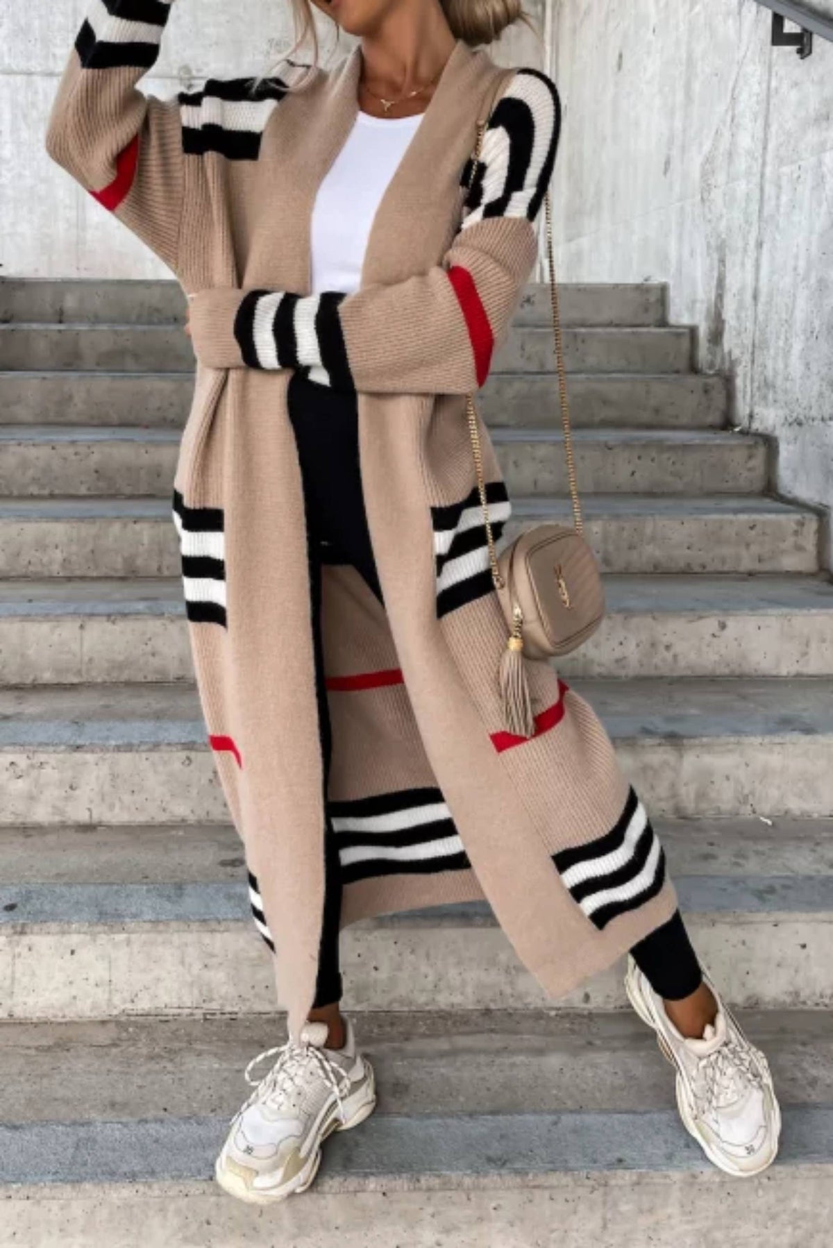 Elegant Striped Patchwork Loose Long Sleeve Sweater Cardigan