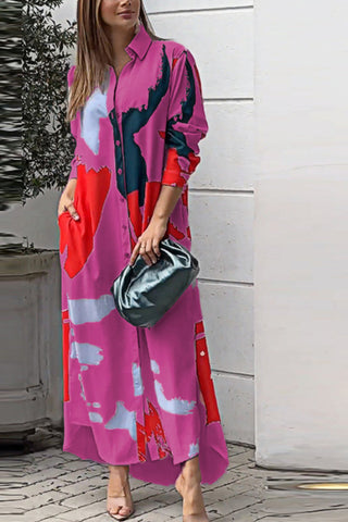 Fashionable casual printed loose slit shirt maxi dress