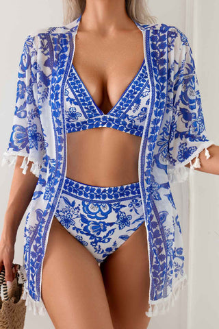 Blue And White Porcelain Print Cover-up Swimsuit Three-Piece Set