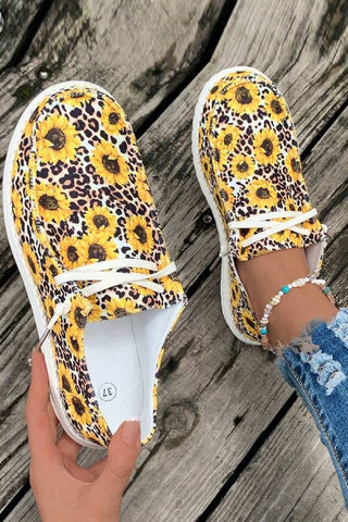 Casual Leopard & Sunflower Printed Lace Up Canvas Shoes