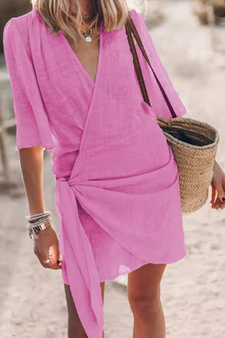 Cotton Linen Blend Knotted Wrap Mini Dress