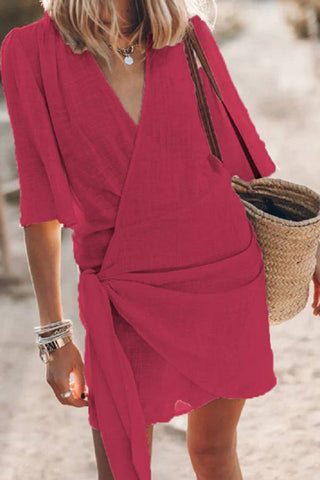 Cotton Linen Blend Knotted Wrap Mini Dress