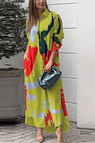 Fashionable casual printed loose slit shirt maxi dress