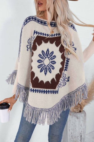 Retro ethnic style one neck pullover sweater shawl