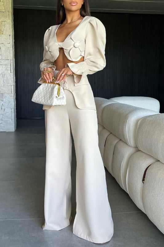 Solid Long Sleeve V-Neck Backless Top and Wide Leg Pants Set