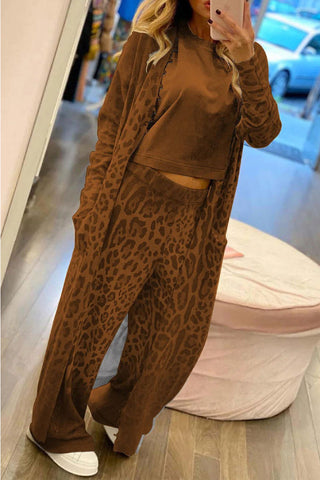 Leopard print long sleeved cardigan jacket and pants set