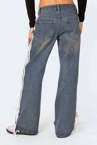 Fashionable loose side zip wide leg women's jeans