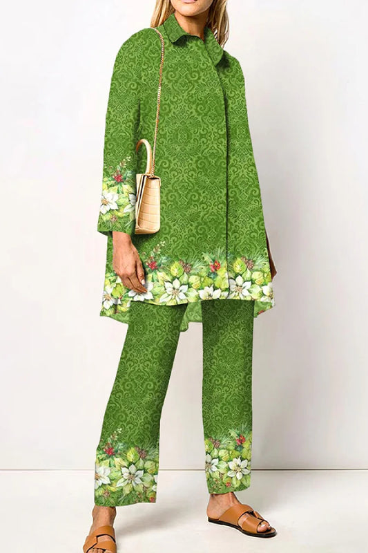 Fashion Flower Elegant Shirt Two Piece Set