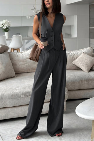 V-neck Sleeveless Vest Draped Wide-leg Pants Set