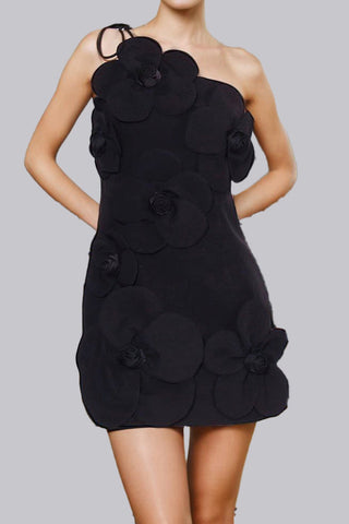 One Shoulder 3D Flower Mini Dress