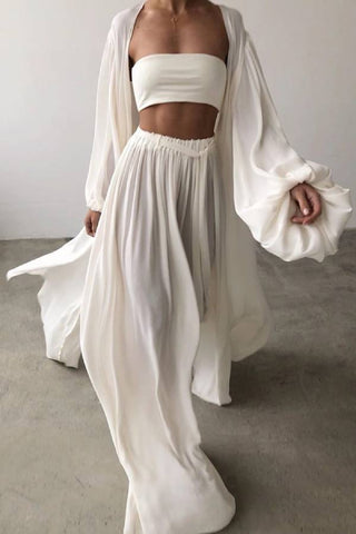 Strapless and flowing wide leg floor pants set