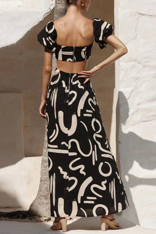 Bubble sleeve top hollowed out large swing long skirt set