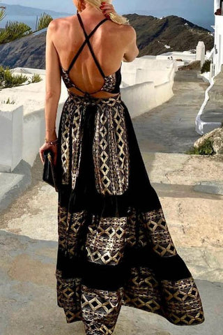 backless Printed Tiered Maxi Dress