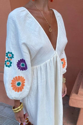 Backless Embroidery V-Neck Floral Maxi Dress