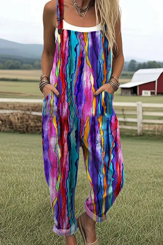 Women's Vintage Abstract Geometry Art Print Casual 100% Cotton Wide Leg Jumpsuit
