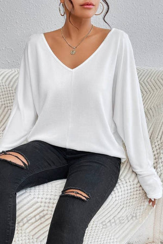 Solid V Neck Batwing Sleeve Tee