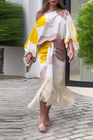 Lantern sleeve loose top with tassel hem skirt set