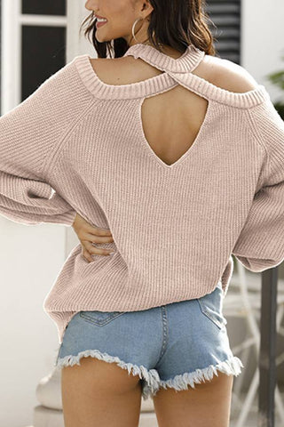 Cold Shoulder Halter Neck Lantern Sleeve Backless Knit Sweater