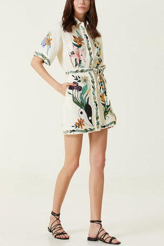 Satin Unique Floral Print Pocket Tie-waist Mini Dress