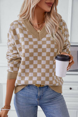 Checkered V-Neck Dropped Shoulder Sweater