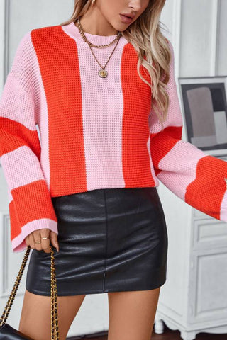 Color Block Round Neck Long Sleeve Sweater