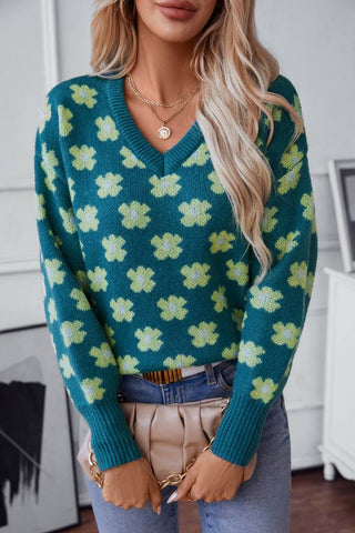 Floral Jacquard V neck Pullover Sweater