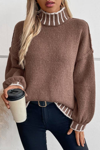 Casual Long Sleeve Mock Neck Color Block Loose Pullover Sweater