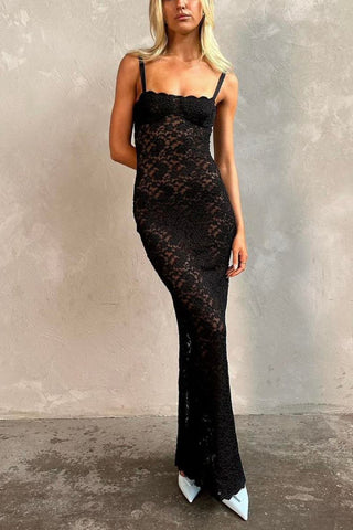 Solid Lace Slit Cami Maxi Dress